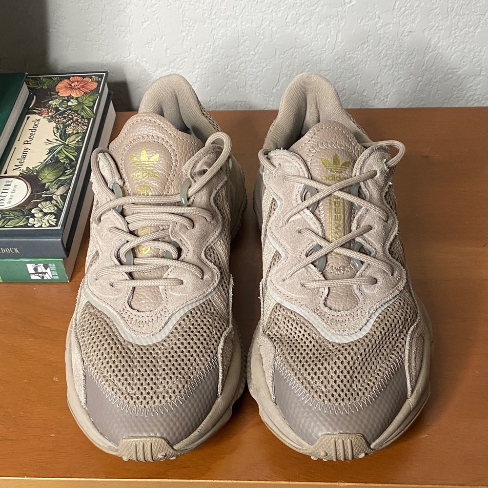 adidas Ozweego Trainers Taupe/ Tan Suede & Mesh Sneakers with Gold Logo 8.5